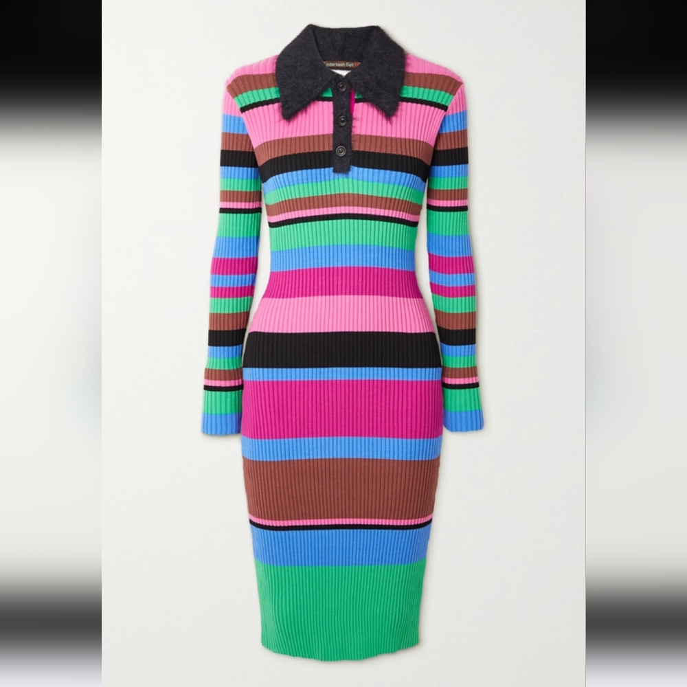 Andersson Bell Cutout Faux Fur-trimmed Striped Ribbed-knit Dress Pink Size Large